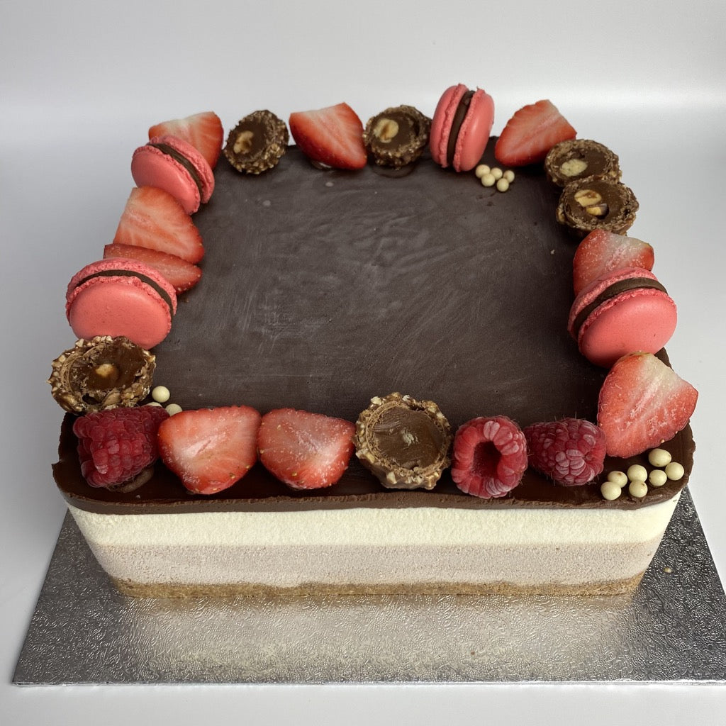 Image of Yasmin Bakery & Catering square shaped Image of Yasmin Bakery & Catering round shape Rich, indulgent chocolate mousse cake with 3 layers boasts with a super creamy chocolate filling.